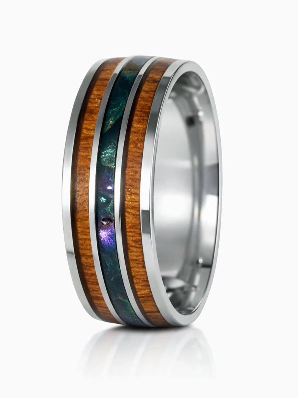 Size 11 Silver Stainless Steel 8mm Wedding Band with Iridescent Inlay